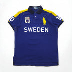 Polo by Ralph Lauren 90s SWEDEN Big Pony Embroidered Polo Shirt L Blue Cotton Pique Numbering CUSTOM FIT