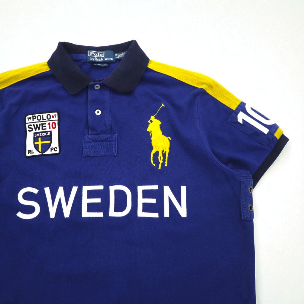 Polo by Ralph Lauren 90s SWEDEN Big Pony Embroidered Polo Shirt L Blue Cotton Pique Numbering CUSTOM FIT