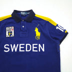 Polo by Ralph Lauren 90s SWEDEN Big Pony Embroidered Polo Shirt L Blue Cotton Pique Numbering CUSTOM FIT