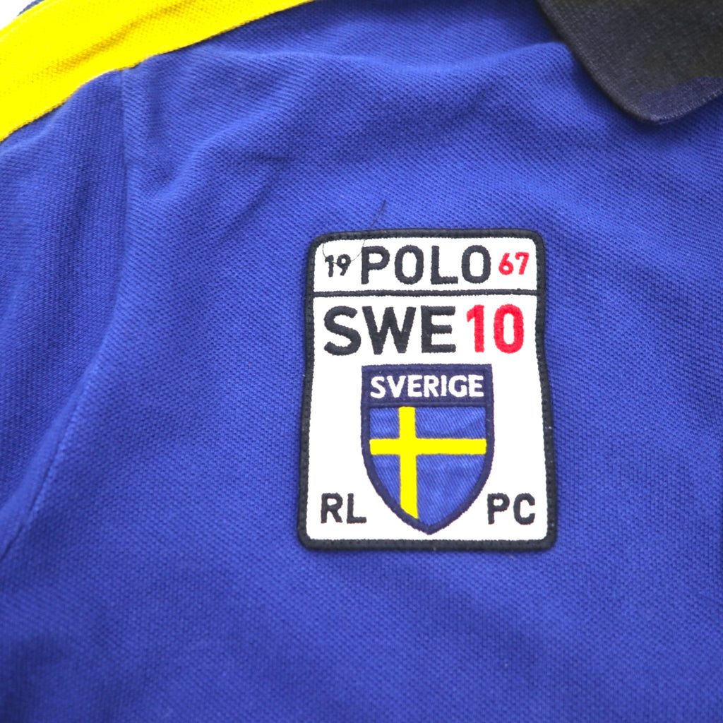 Polo by Ralph Lauren 90s SWEDEN Big Pony Embroidered Polo Shirt L Blue Cotton Pique Numbering CUSTOM FIT