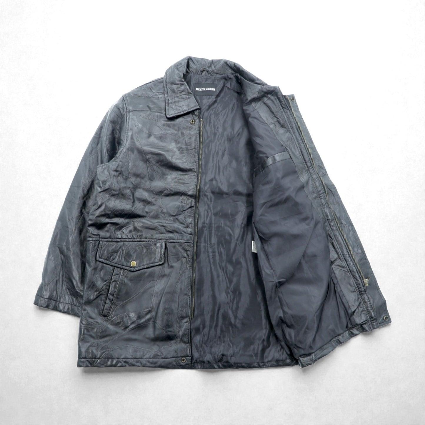 BLACK LEDER ラムレザー ツギハギ パッチワーク ハーフコート L ブラック 比翼 ジップアップ