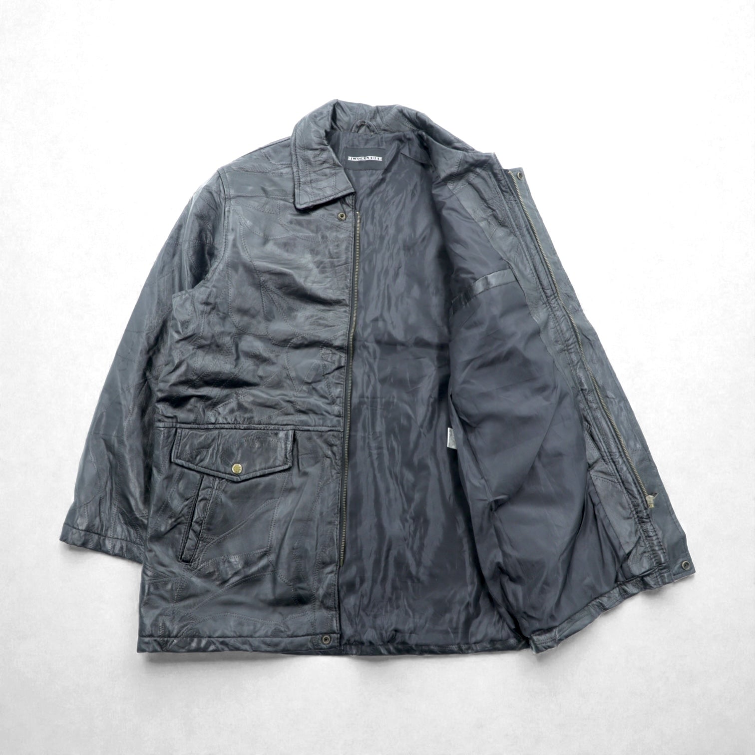 BLACK LEDER ラムレザー ツギハギ パッチワーク ハーフコート L ブラック 比翼 ジップアップ