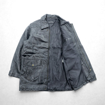 BLACK LEDER ラムレザー ツギハギ パッチワーク ハーフコート L ブラック 比翼 ジップアップ