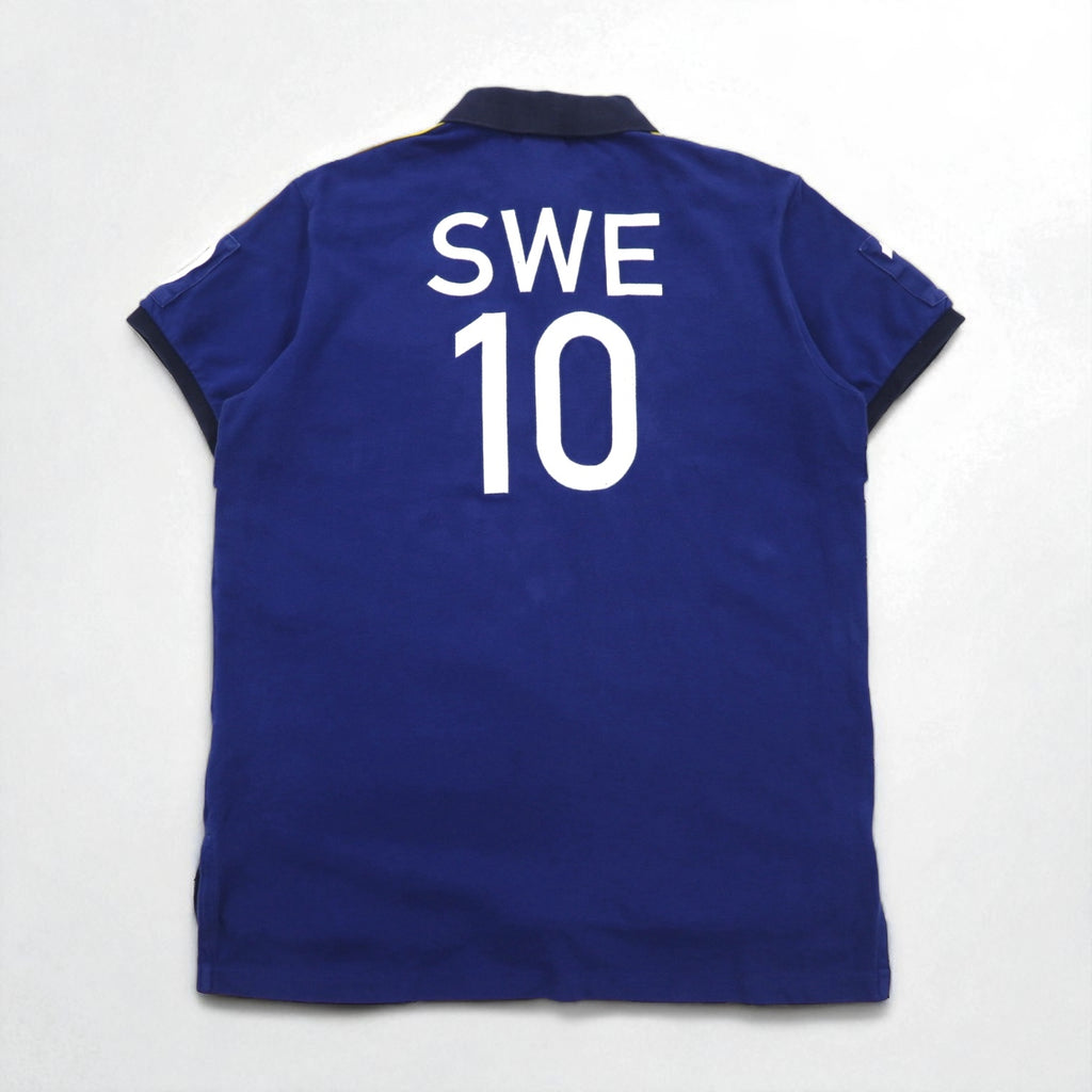 Polo by Ralph Lauren 90s SWEDEN Big Pony Embroidered Polo Shirt L Blue Cotton Pique Numbering CUSTOM FIT