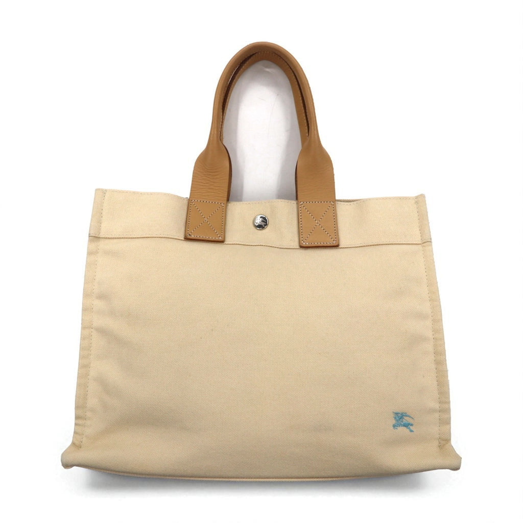 BURBERRY BLUE LABEL Leather Handle Canvas Tote Bag Cream Cowhide Leather Made in Japan