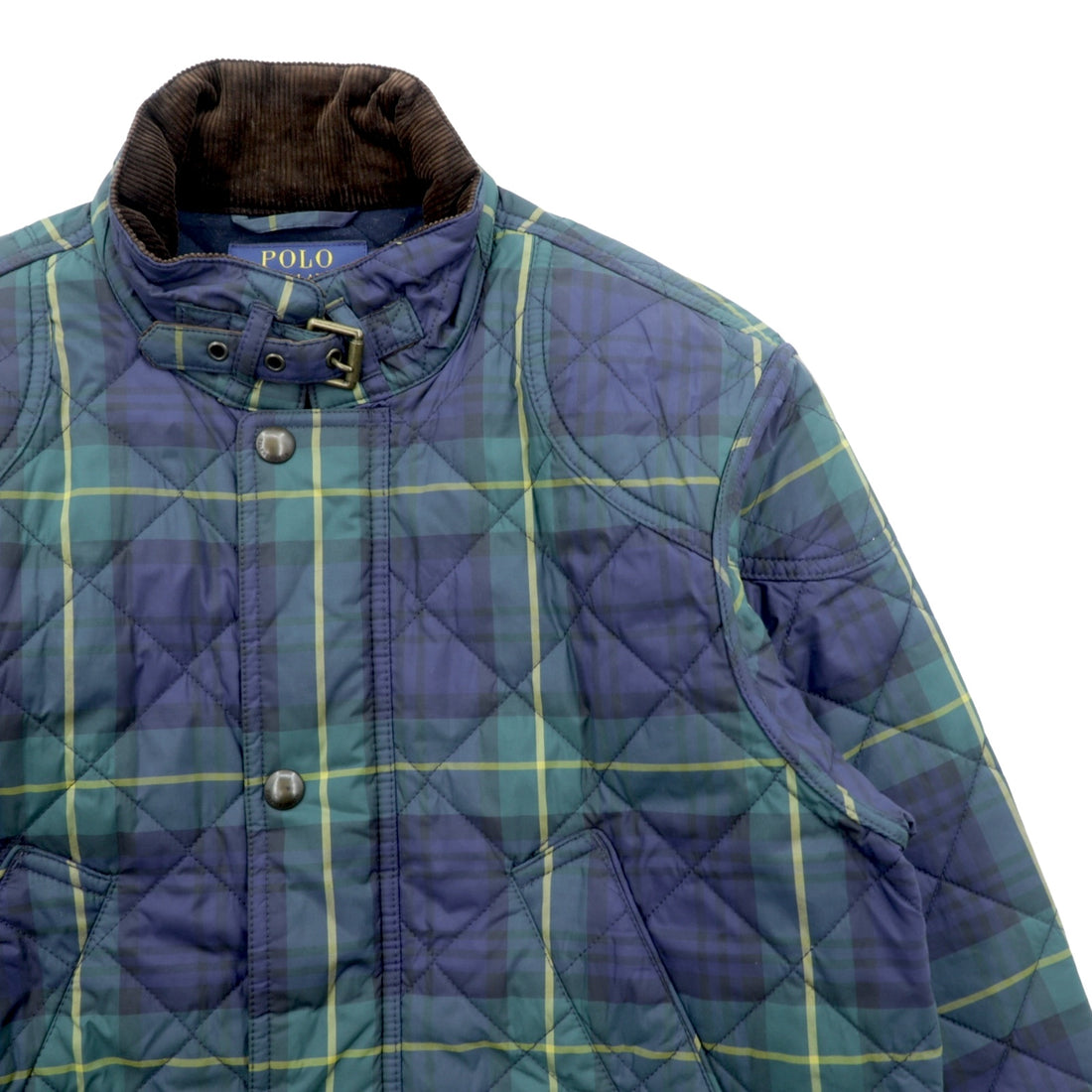 Polo Ralph Lauren Black Quilted Jacket, Medium, Green Check, Corduroy Collar, Chin Strap