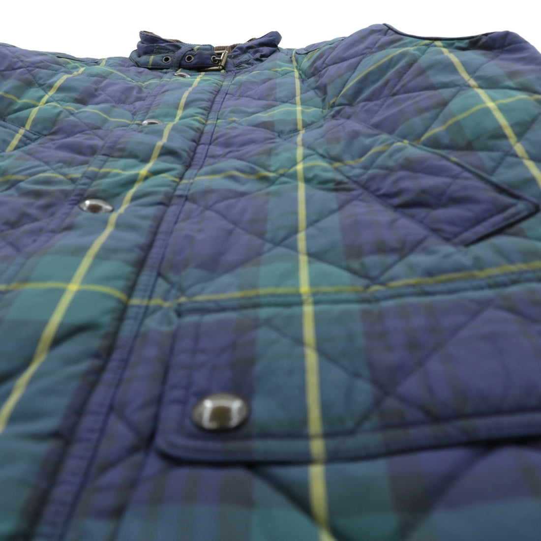 Polo Ralph Lauren Black Quilted Jacket, Medium, Green Check, Corduroy Collar, Chin Strap