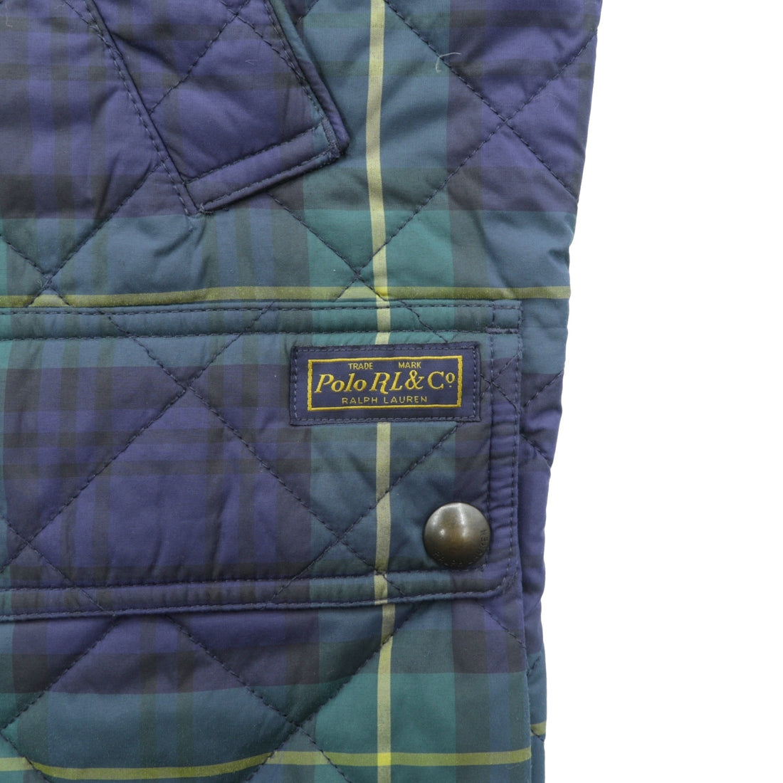 Polo Ralph Lauren Black Quilted Jacket, Medium, Green Check, Corduroy Collar, Chin Strap