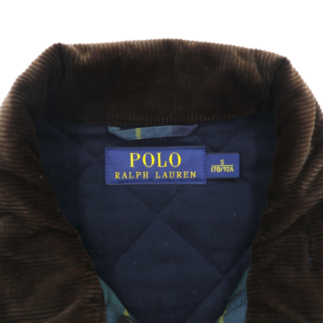 Polo Ralph Lauren Black Quilted Jacket, Medium, Green Check, Corduroy Collar, Chin Strap