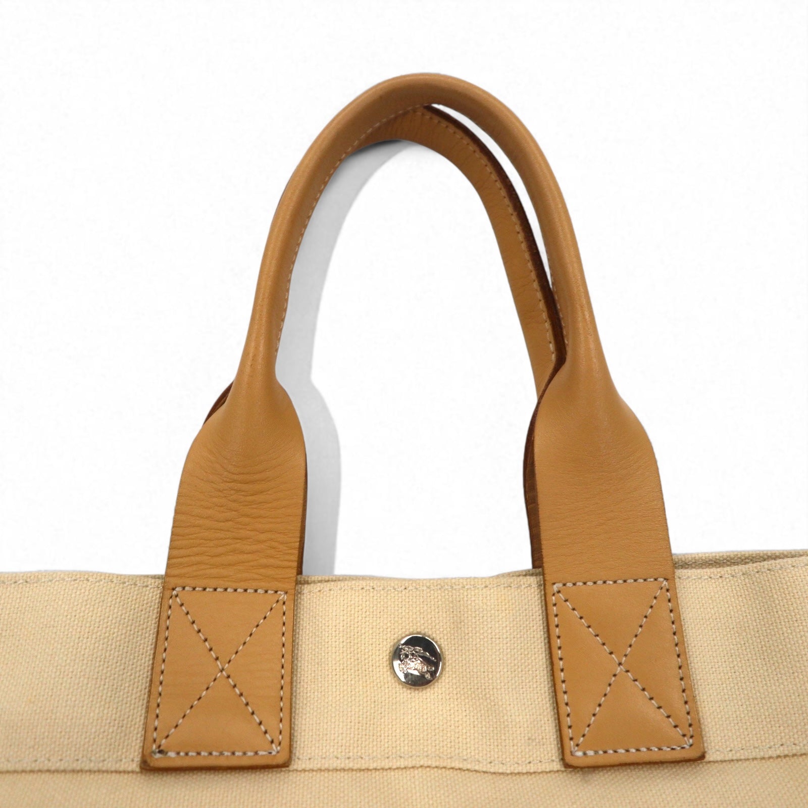 BURBERRY BLUE LABEL Leather Handle Canvas Tote Bag Cream Cowhide Leather Made in Japan