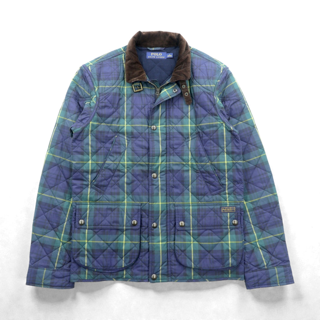 Polo Ralph Lauren Black Quilted Jacket, Medium, Green Check, Corduroy Collar, Chin Strap