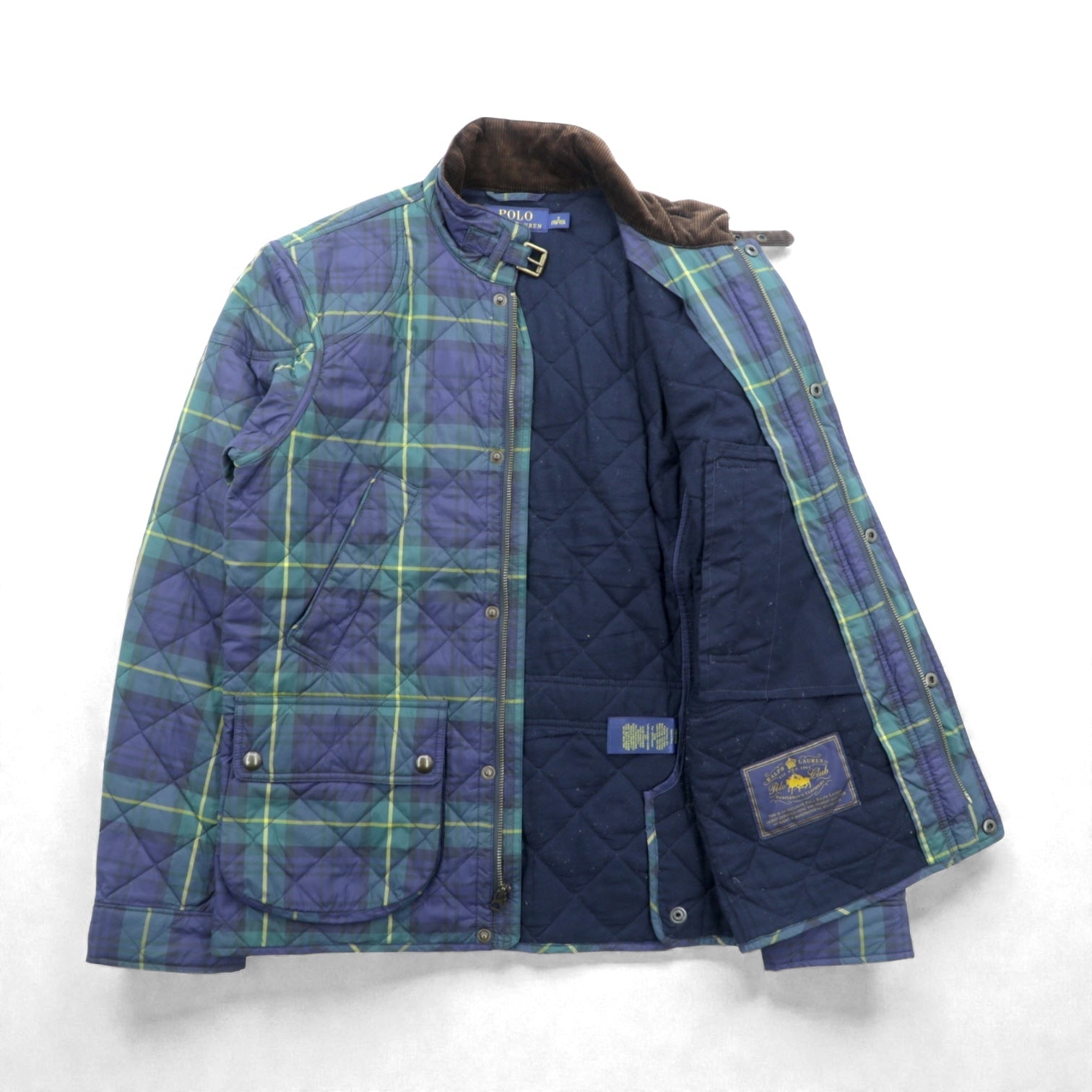 Polo Ralph Lauren ブラックウォッチ キルティングジャケット M グリーン チェック 襟コーデュロイ チンストラップ