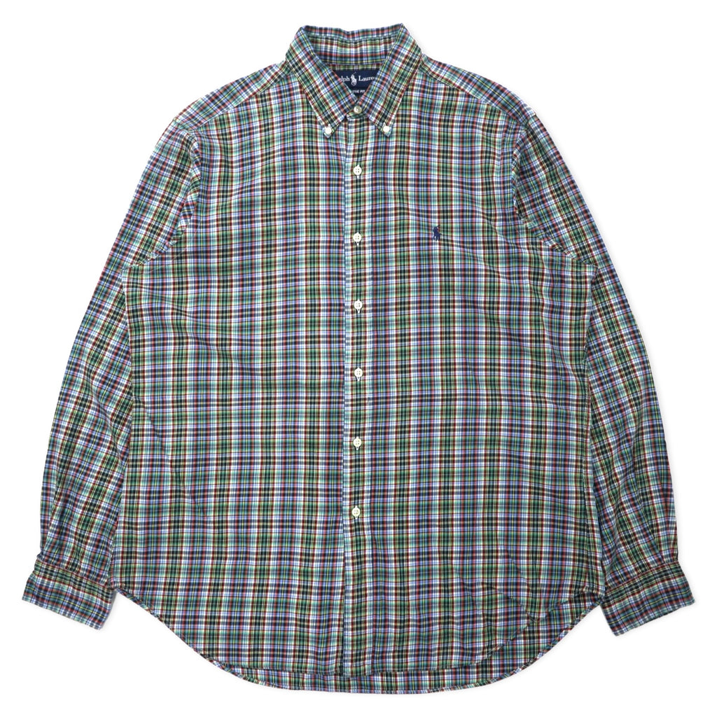 日本然リトテ-古着オンライン-Ralph Lauren ウィンドペンチェック ボタンダウンシャツ L ブルー カーキ コットン CLASSIC FIT スモールポニー刺繍-Ralph Lauren Windpen Checked button-down Shirts L Blue Khaki Cotton CLASSIC FIT Small Pony Embroidery