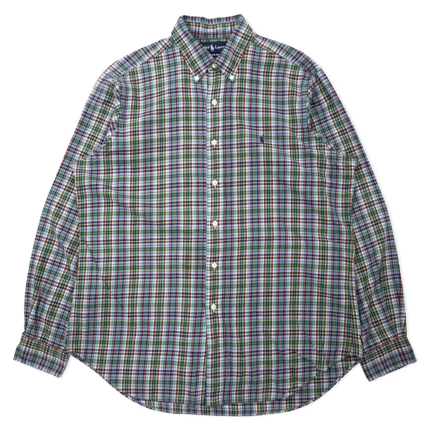 日本然リトテ-古着オンライン-Ralph Lauren ウィンドペンチェック ボタンダウンシャツ L ブルー カーキ コットン CLASSIC FIT スモールポニー刺繍-Ralph Lauren Windpen Checked button-down Shirts L Blue Khaki Cotton CLASSIC FIT Small Pony Embroidery
