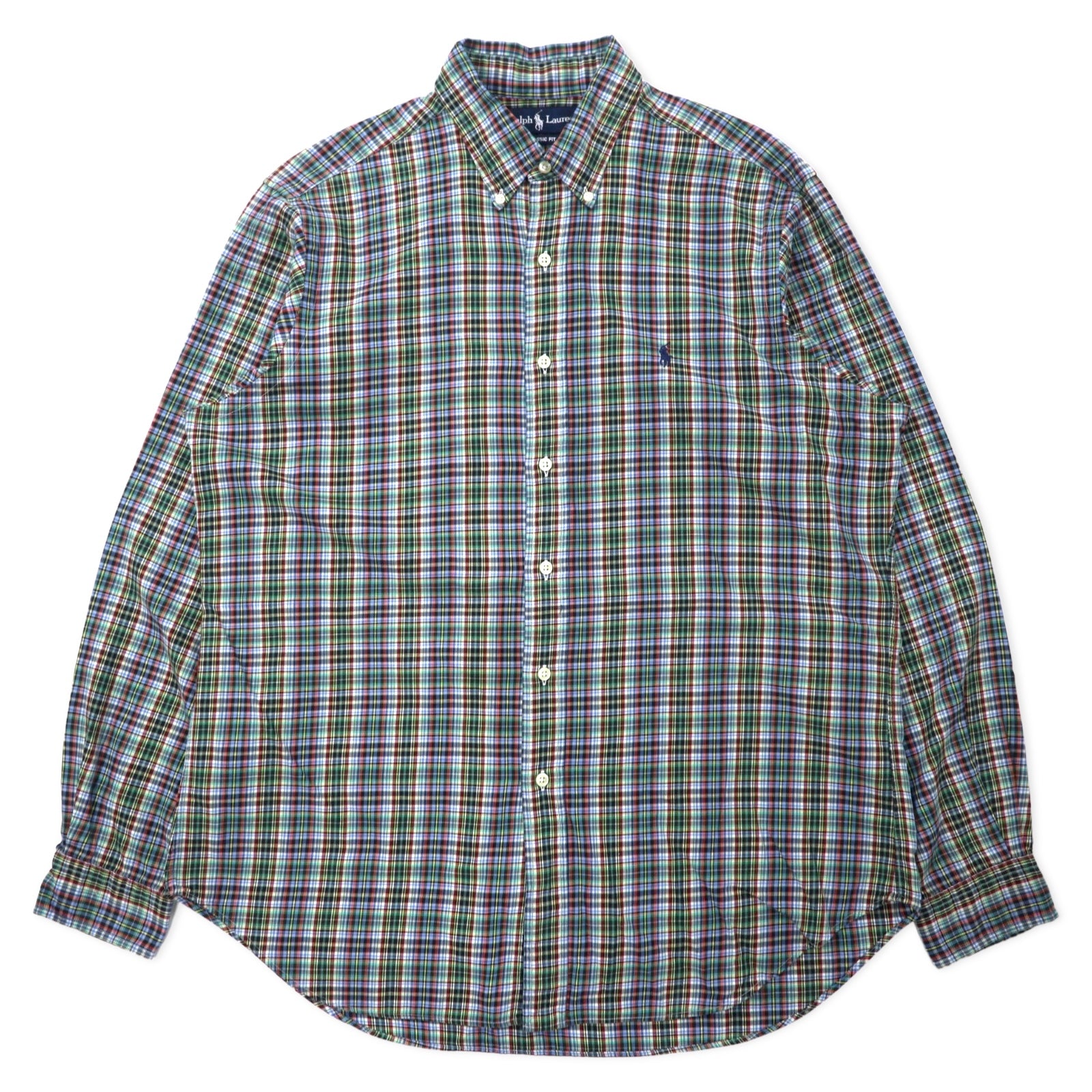日本然リトテ-古着オンライン-Ralph Lauren ウィンドペンチェック ボタンダウンシャツ L ブルー カーキ コットン CLASSIC FIT スモールポニー刺繍-Ralph Lauren Windpen Checked button-down Shirts L Blue Khaki Cotton CLASSIC FIT Small Pony Embroidery