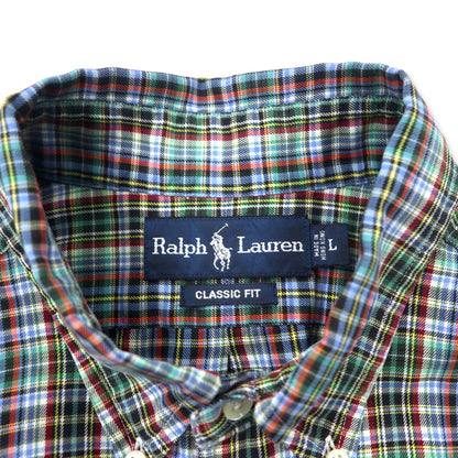 Ralph Lauren Windowpane Check Button-Down Shirt L Blue Khaki Cotton CLASSIC FIT Small Pony Embroidery