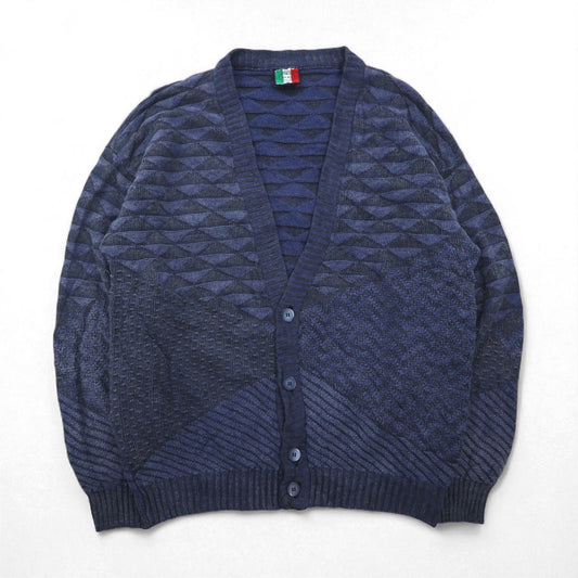 90s Italy Vintage Cardigan COLORE 90年代 ジャガード カーディガン 3D ニット XL ネイビー