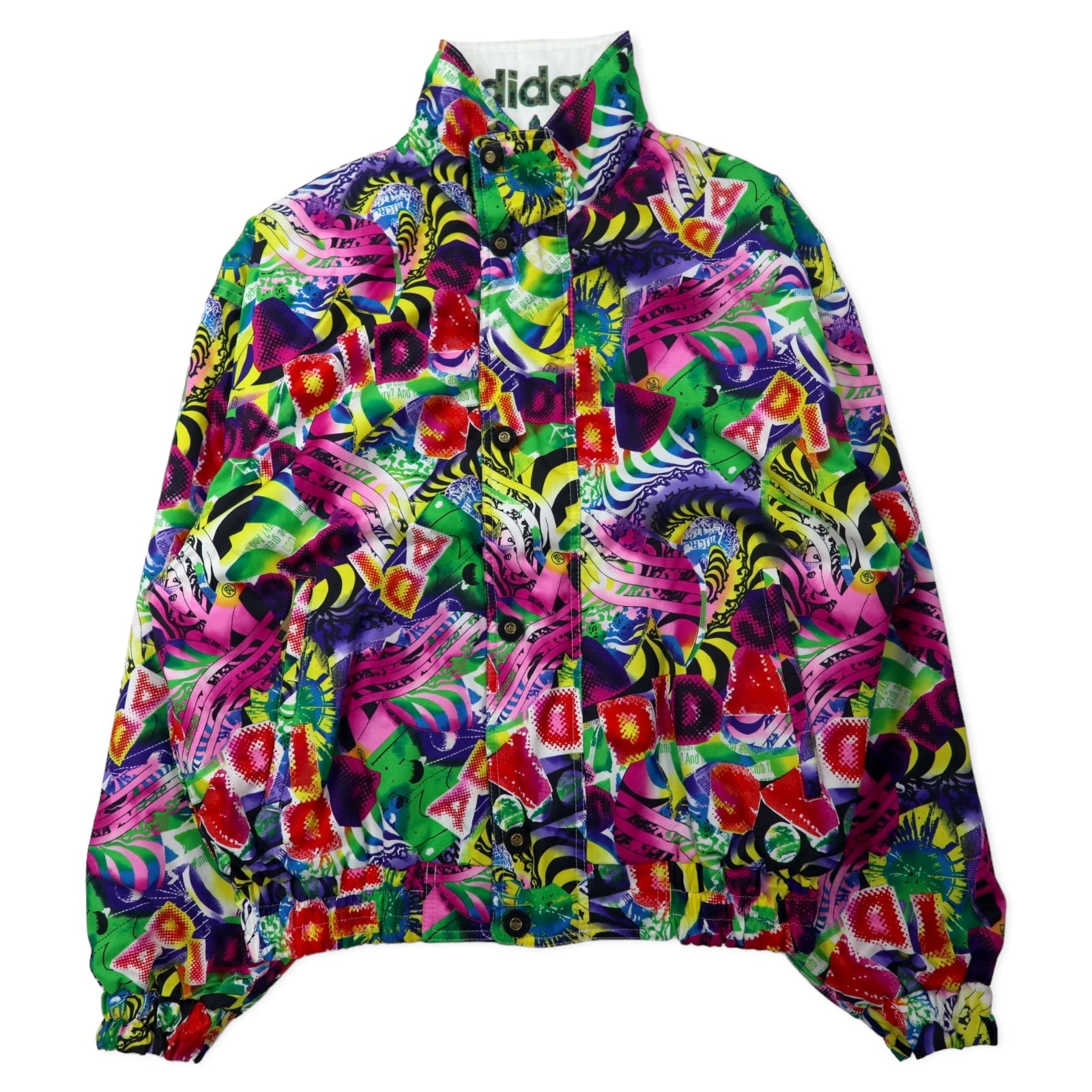 adidas 90年代 リバーシブル パデット ナイロンジャケット ウィンドブレーカー O マルチカラー ホワイト 総柄 ポリエステル 中綿 トレフォイルロゴ バックプリント 銀タグ ビッグサイズ