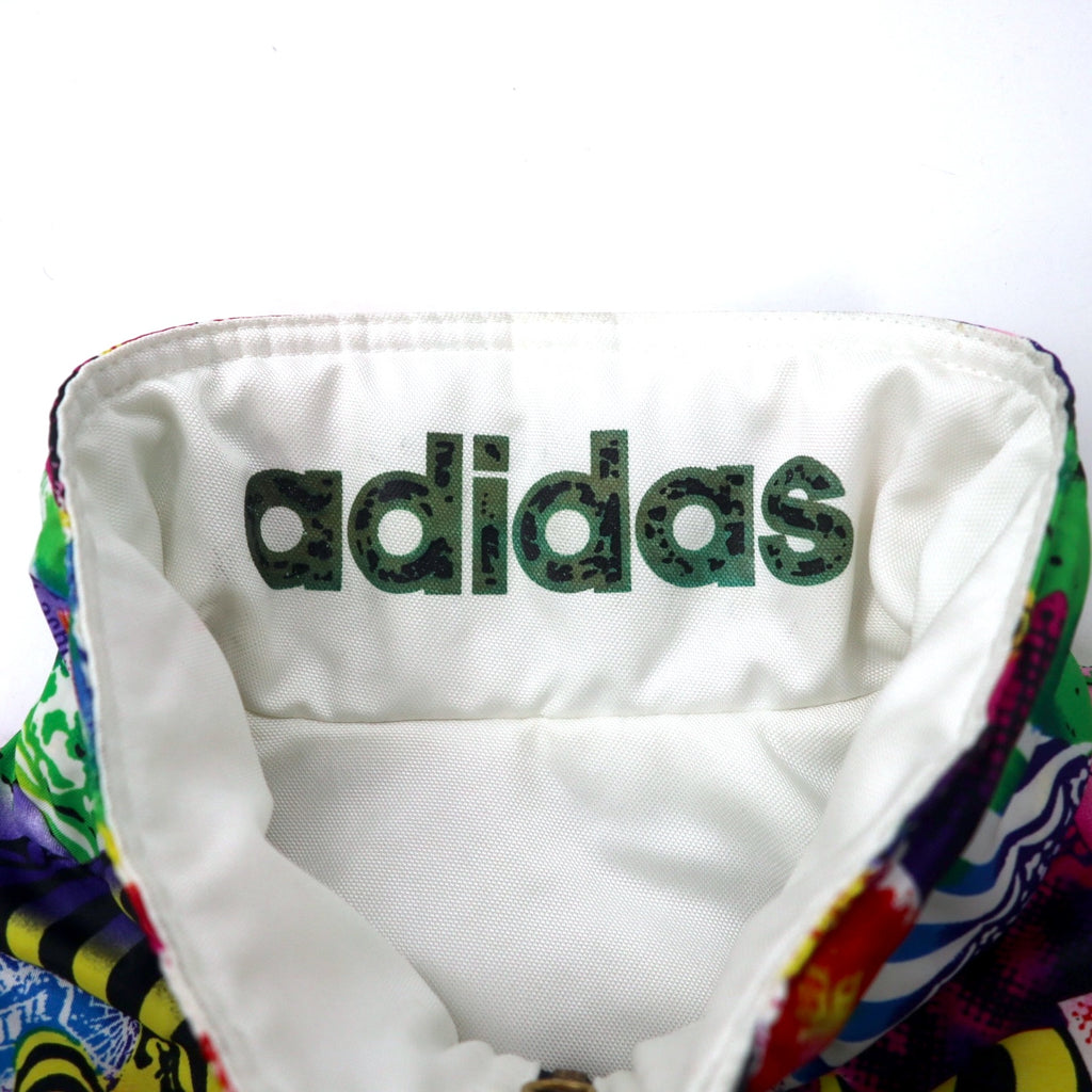 adidas 90年代 リバーシブル パデット ナイロンジャケット ウィンドブレーカー O マルチカラー ホワイト 総柄 ポリエステル 中綿 トレフォイルロゴ バックプリント 銀タグ ビッグサイズ
