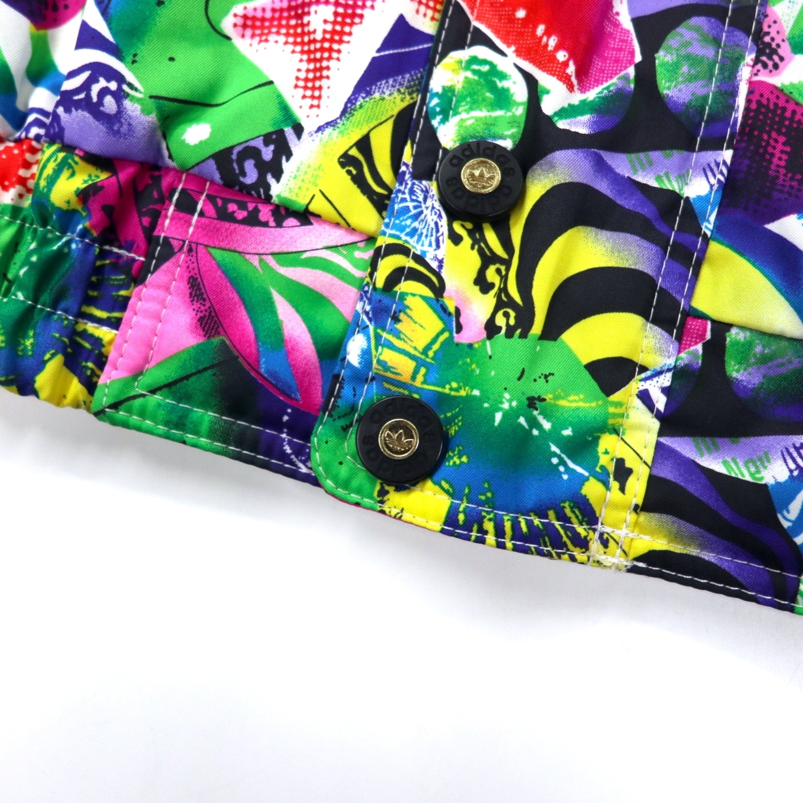 adidas 90年代 リバーシブル パデット ナイロンジャケット ウィンドブレーカー O マルチカラー ホワイト 総柄 ポリエステル 中綿 トレフォイルロゴ バックプリント 銀タグ ビッグサイズ