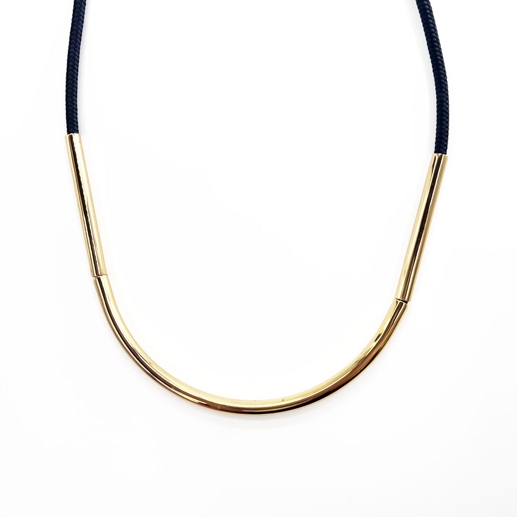 MARNI Gold Tone Metal Tube Black Rope Cord Necklace Choker Long Ribbon Adjustable