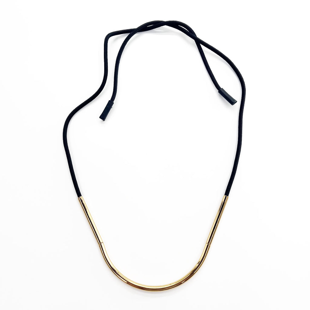 MARNI Gold Tone Metal Tube Black Rope Cord Necklace Choker Long Ribbon Adjustable
