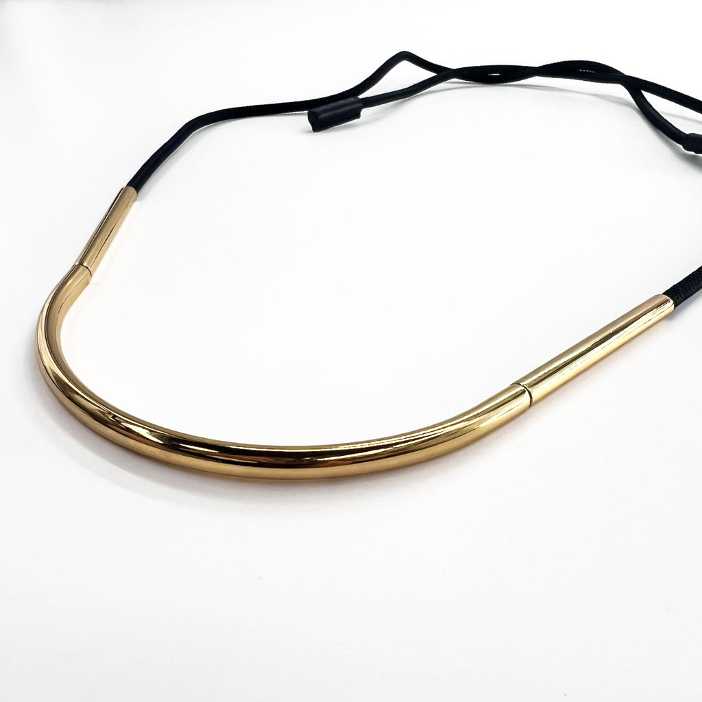 MARNI Gold Tone Metal Tube Black Rope Cord Necklace Choker Long Ribbon Adjustable