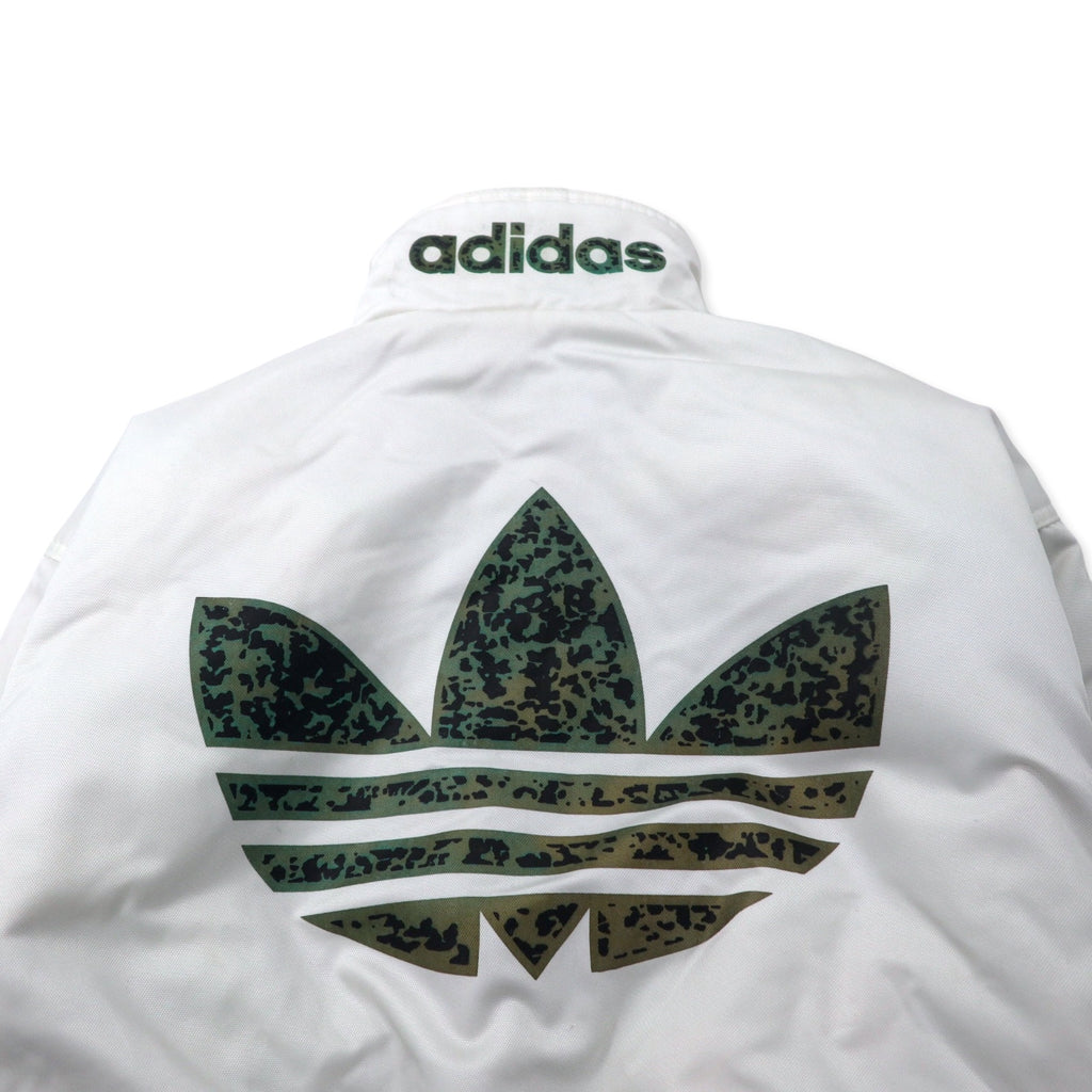 adidas 90年代 リバーシブル パデット ナイロンジャケット ウィンドブレーカー O マルチカラー ホワイト 総柄 ポリエステル 中綿 トレフォイルロゴ バックプリント 銀タグ ビッグサイズ