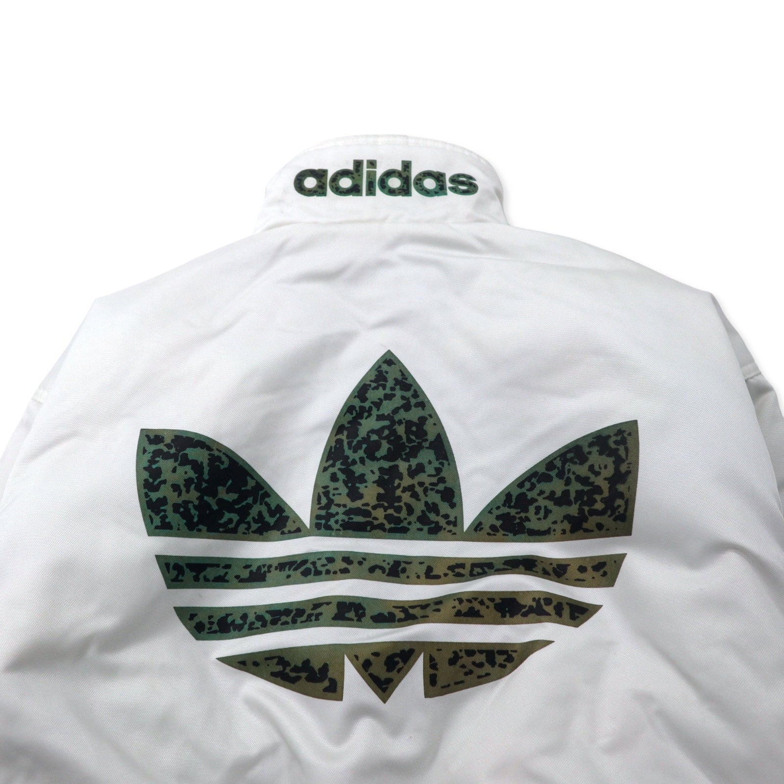 adidas 90年代 リバーシブル パデット ナイロンジャケット ウィンドブレーカー O マルチカラー ホワイト 総柄 ポリエステル 中綿 トレフォイルロゴ バックプリント 銀タグ ビッグサイズ