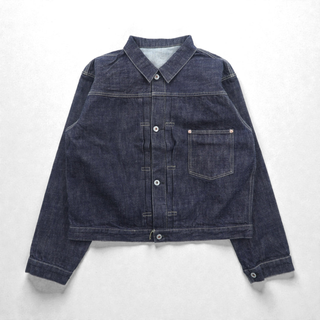 VINTAGE レプリカ 1st タイプ 大戦モデル デニムジャケット Gジャン XL インディゴ 13.5OZ セルヴィッチ 赤耳 シンチバック プリーツ 月桂樹ボタン 復刻 未使用品