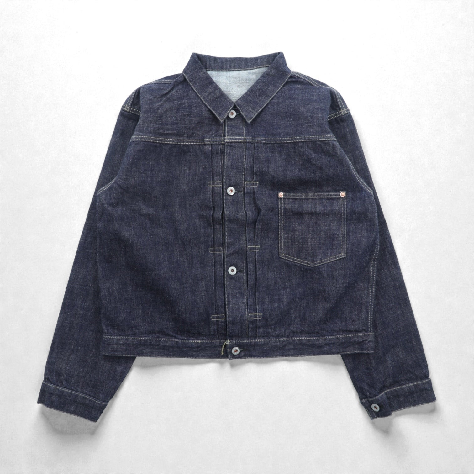 VINTAGE レプリカ 1st タイプ 大戦モデル デニムジャケット Gジャン XL インディゴ 13.5OZ セルヴィッチ 赤耳 シンチバック プリーツ 月桂樹ボタン 復刻 未使用品