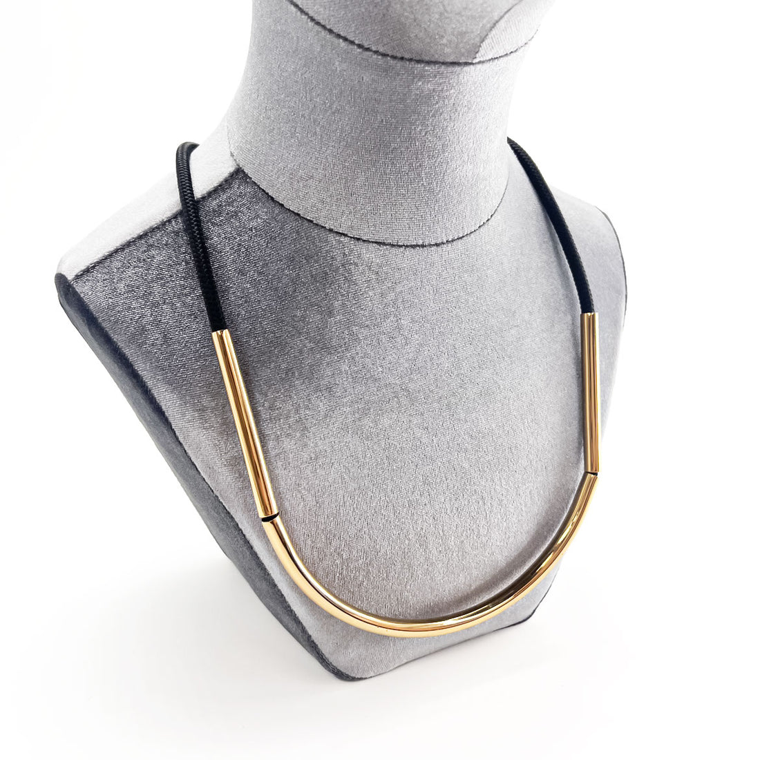 MARNI Gold Tone Metal Tube Black Rope Cord Necklace Choker Long Ribbon Adjustable