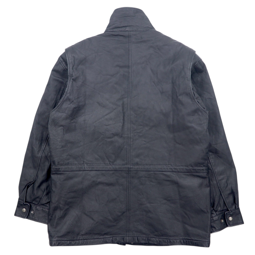 TOWN by London Fog 90s Stand Collar Leather Car Coat Padded Double Zip Jacket L Black Drawcord