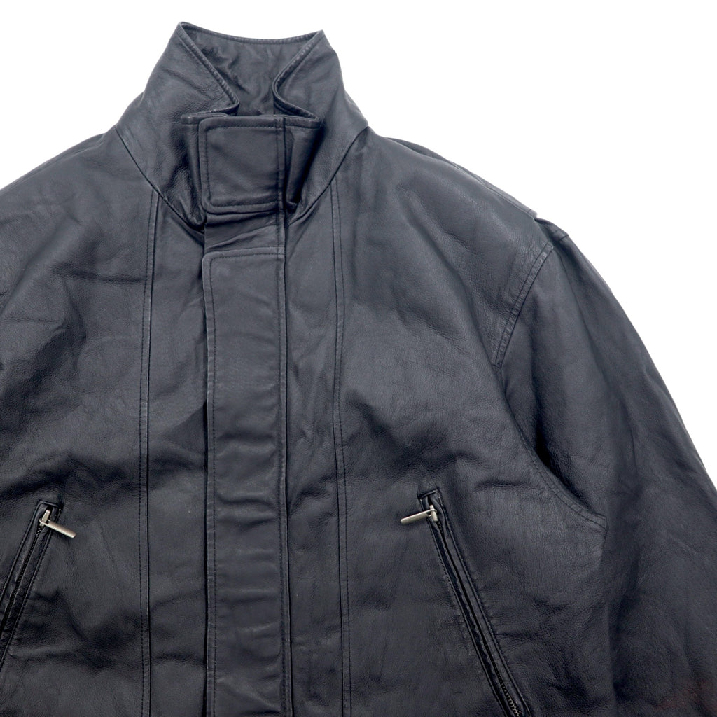 TOWN by London Fog 90s Stand Collar Leather Car Coat Padded Double Zip Jacket L Black Drawcord