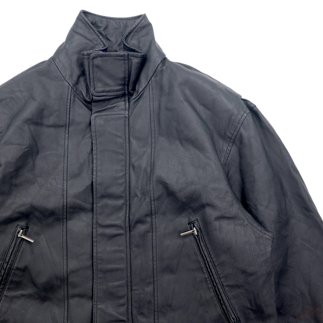 TOWN by London Fog 90年代 スタンドカラー レザーカーコート 中綿 ダブルジップ ジャケット L ブラック ドローコード