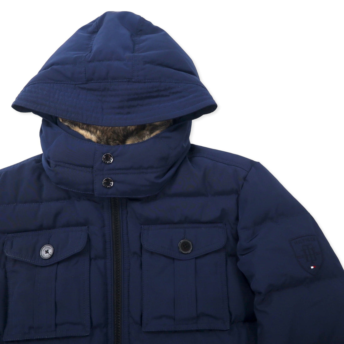 TOMMY HILFIGER Down Jacket M Navy Polyester Detachable Hood