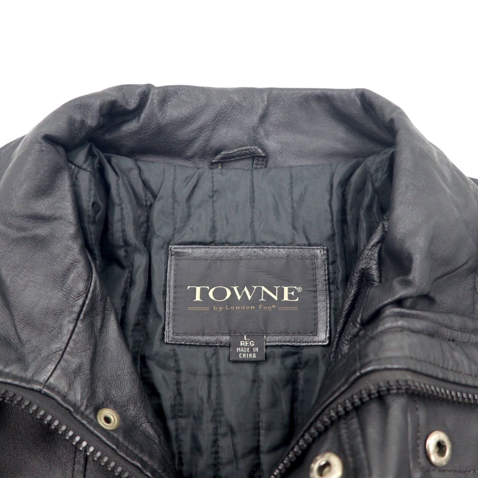 TOWN by London Fog 90s Stand Collar Leather Car Coat Padded Double Zip Jacket L Black Drawcord