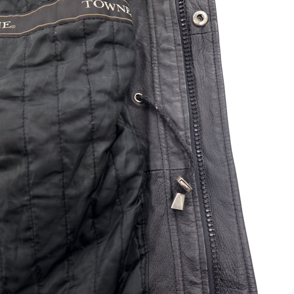TOWN by London Fog 90s Stand Collar Leather Car Coat Padded Double Zip Jacket L Black Drawcord