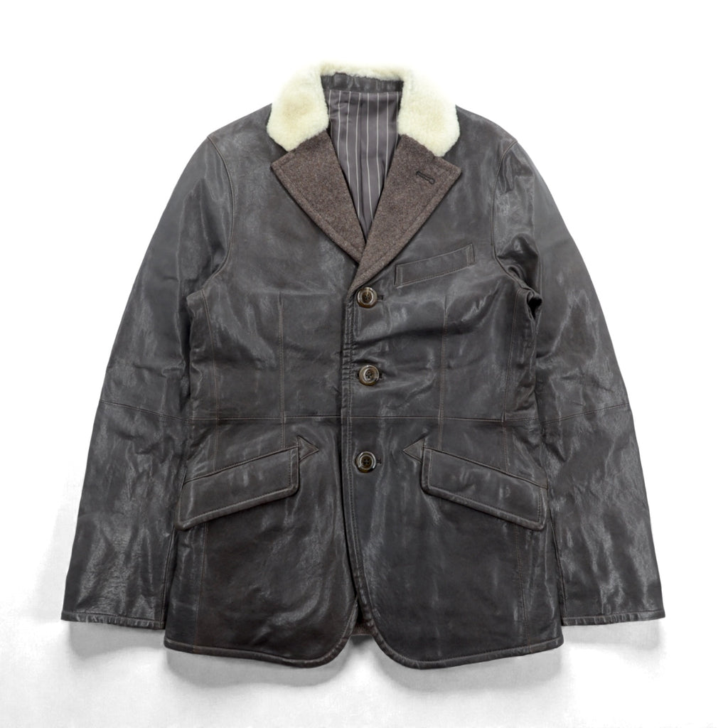 genten 襟ボア ラムレザー 3B テーラードジャケットジャケット M ブラウン 羊革 ツイード ウール切替