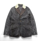 genten 襟ボア ラムレザー 3B テーラードジャケットジャケット M ブラウン 羊革 ツイード ウール切替