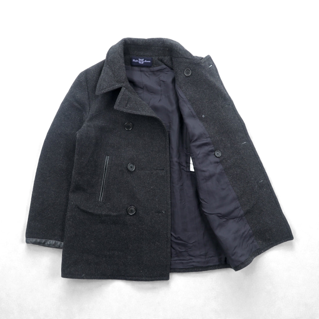 POLO SPORT RALPH LAUREN 90s Double-Breasted Pea Coat, Size M, Gray, Melton, Chin Strap, Made in Japan
