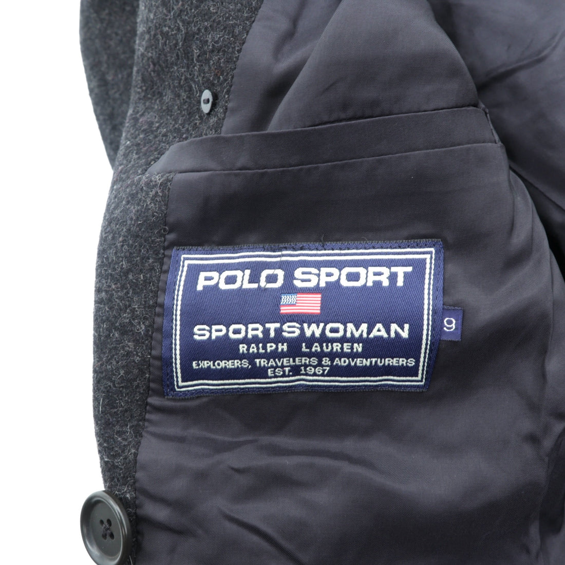 POLO SPORT RALPH LAUREN 90s Double-Breasted Pea Coat, Size M, Gray, Melton, Chin Strap, Made in Japan
