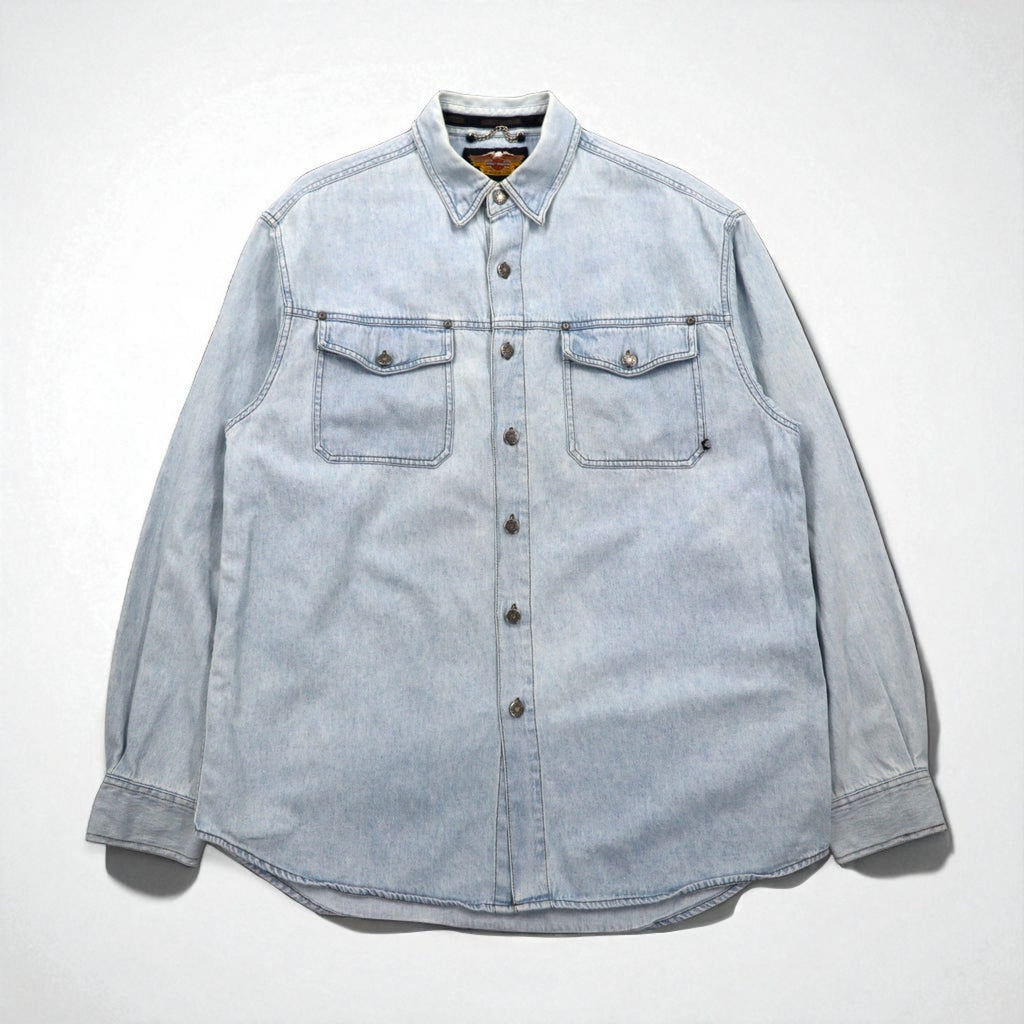 HARLEY DAVIDSON Ice Wash Denim Shirt L Light Blue Cotton Back Logo Embroidered