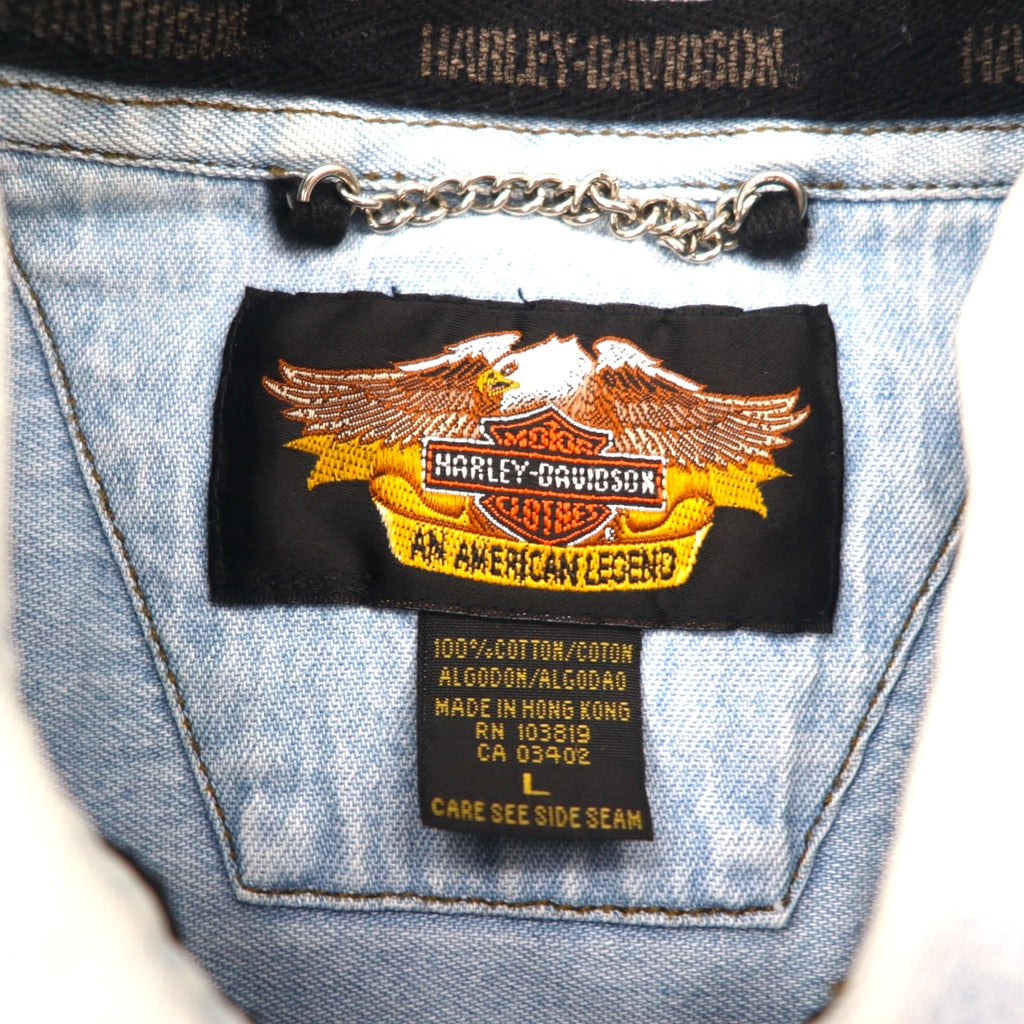 HARLEY DAVIDSON Ice Wash Denim Shirt L Light Blue Cotton Back Logo Embroidered