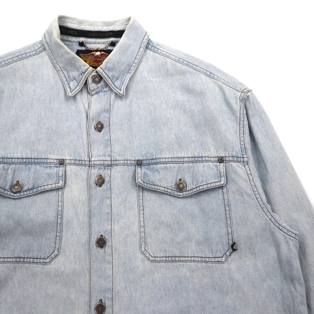 HARLEY DAVIDSON Ice Wash Denim Shirt L Light Blue Cotton Back Logo Embroidered