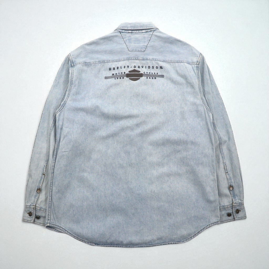 HARLEY DAVIDSON Ice Wash Denim Shirt L Light Blue Cotton Back Logo Embroidered