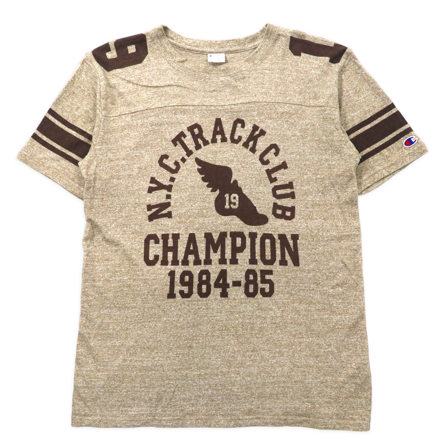 Champion Football T-shirt L Brown Cotton Deeped Print N.Y.C. Track