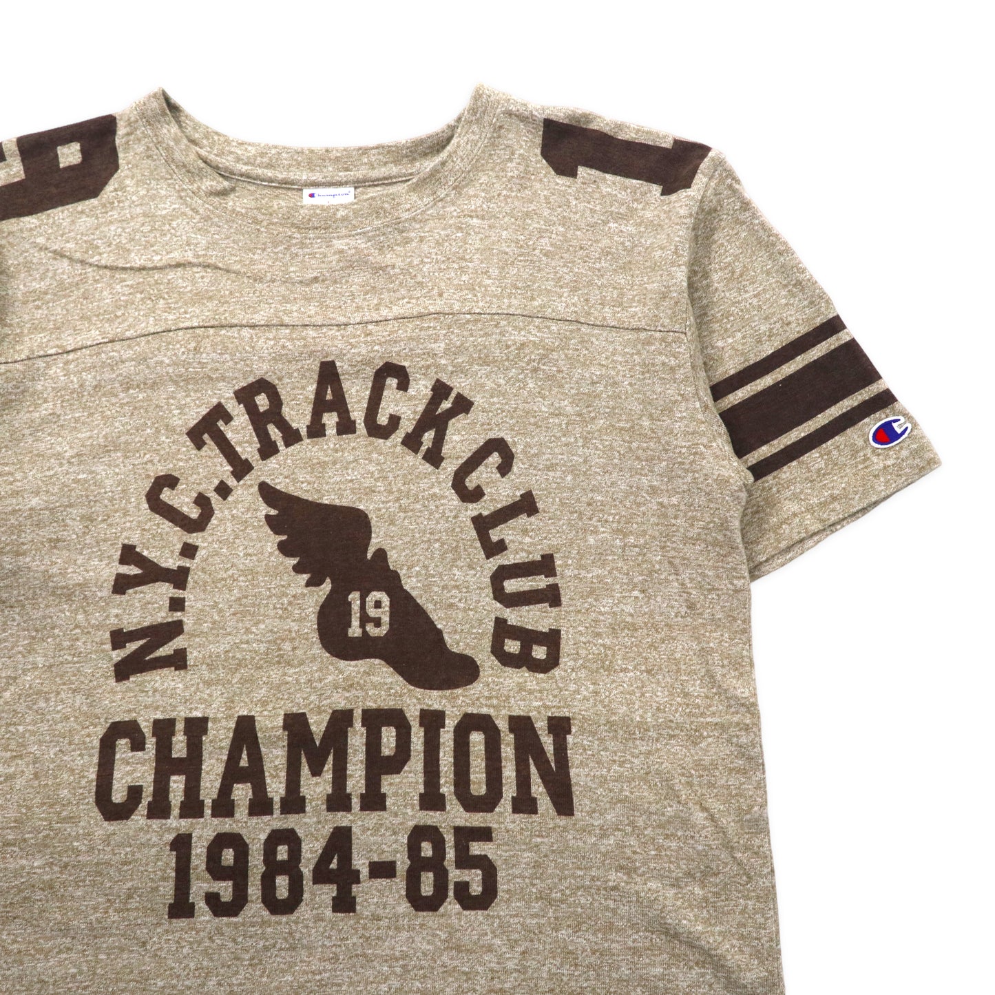 Champion フットボールTシャツ L ブラウン コットン 染み込みプリント N.Y.C. TRACK CLUB 1984-85 ナンバリング