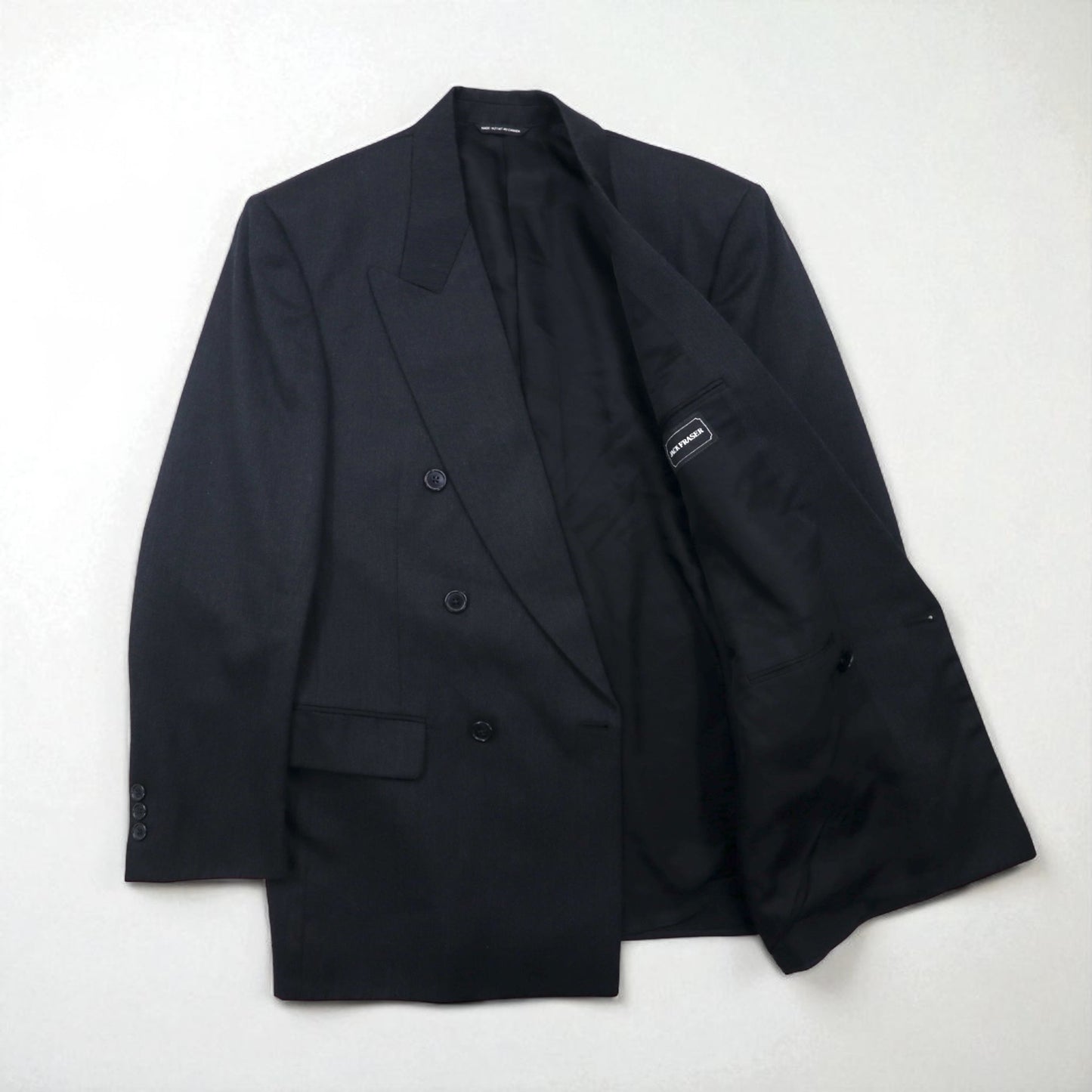 80s Canada UNION MADE Vintage Blazer BOSA. 80s Canadian-made double-breasted blazer with peaked velvet, size L. Union Made with ACTWU tag. Exclusively made by Jack Fraser.