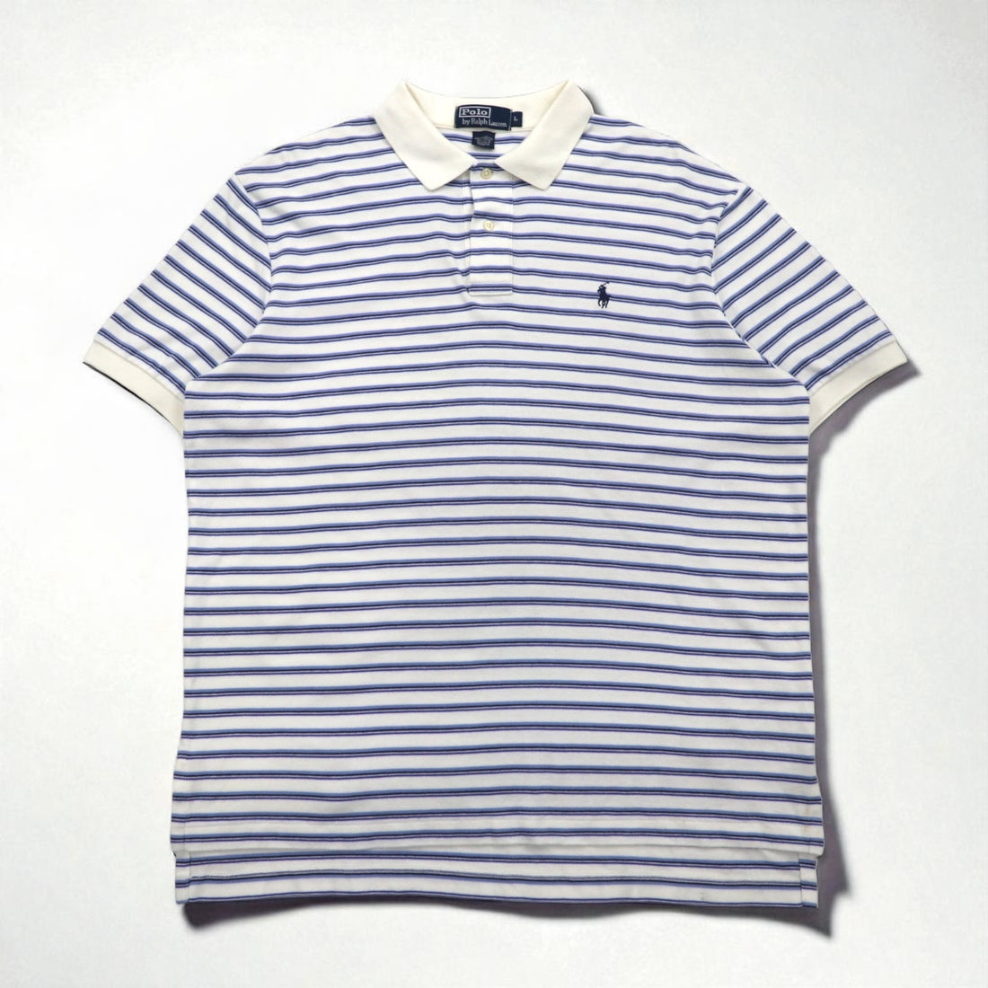 Polo by Ralph Lauren 90年代 ボーダー ポロシャツ L ホワイト ブルー コットン スモールポニー刺繍